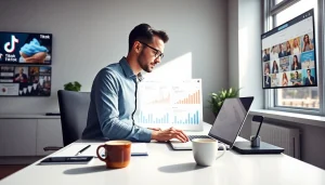 Analyze TikTok SMM panel strategies with a marketer at a desk full of insights.