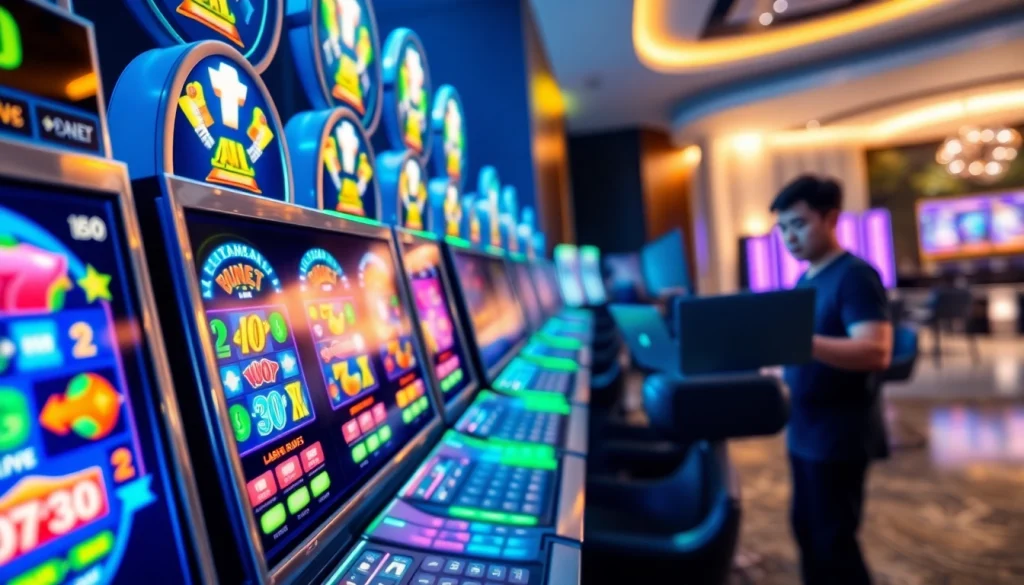 Menampilkan slot terpercaya dengan mesin slot penuh warna dan pemain yang berinteraksi.