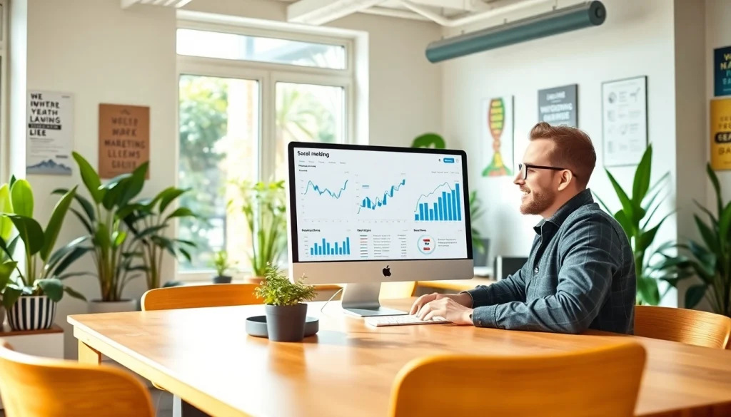 Showcasing a professional analyzing data on a cheap smm panel in a vibrant digital marketing workspace.