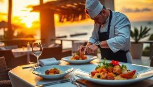 Experience the art of cooking with a Private chef St Martin showcasing gourmet cuisine at a sunset dinner.