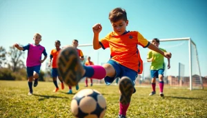 Showcase vibrant cheap football kits worn by a young player in action on the field.