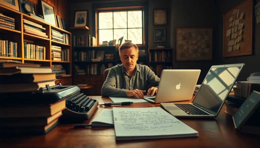 Captivating scene of a thriller author at work, showcasing literary creativity and dedication.