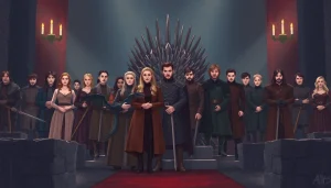 Scene depicting the game of thrones cast on set, featuring Emilia Clarke and Kit Harington in iconic costumes.