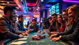 Toto resmi menunjukkan pemain taruhan olahraga yang antusias di meja permainan modern.