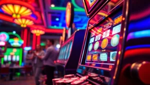 Slot mesin yang berputar dengan lampu berwarna cerah di kasino yang penuh semangat.