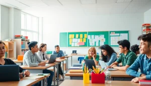 Education setting with engaged students exploring interactive learning activities in a bright classroom.