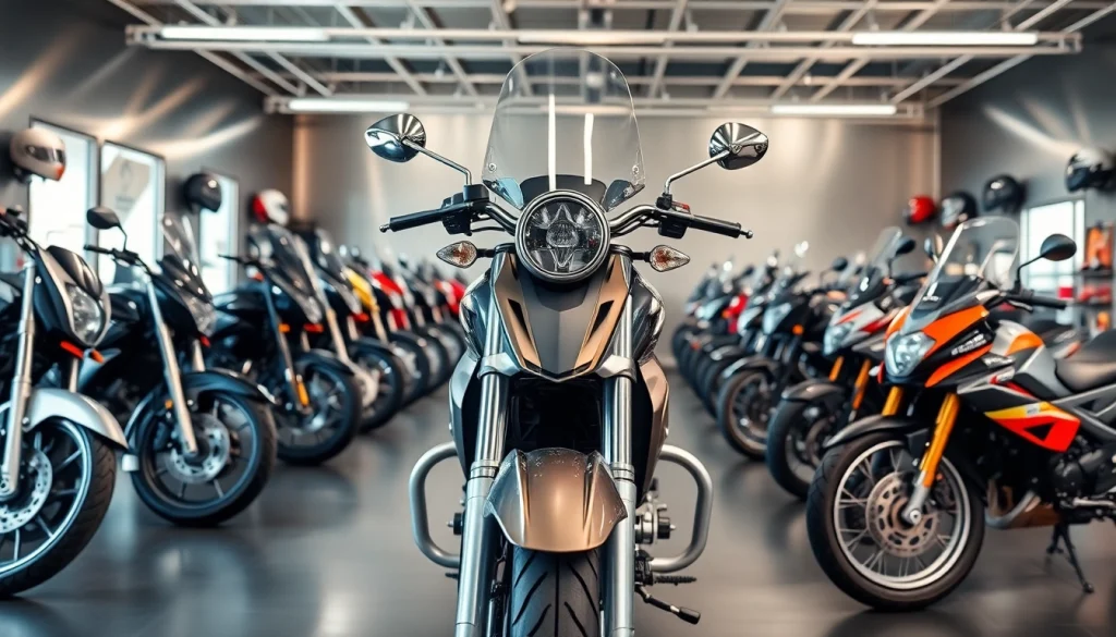 Motorrad gebraucht in einem modernen Ausstellungsraum mit glänzenden Motorrädern und hellem Licht.