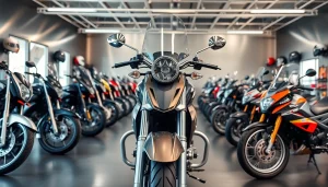 Motorrad gebraucht in einem modernen Ausstellungsraum mit glänzenden Motorrädern und hellem Licht.