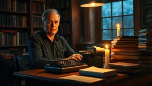 Thriller author immersed in writing, highlighting creativity and literary atmosphere.