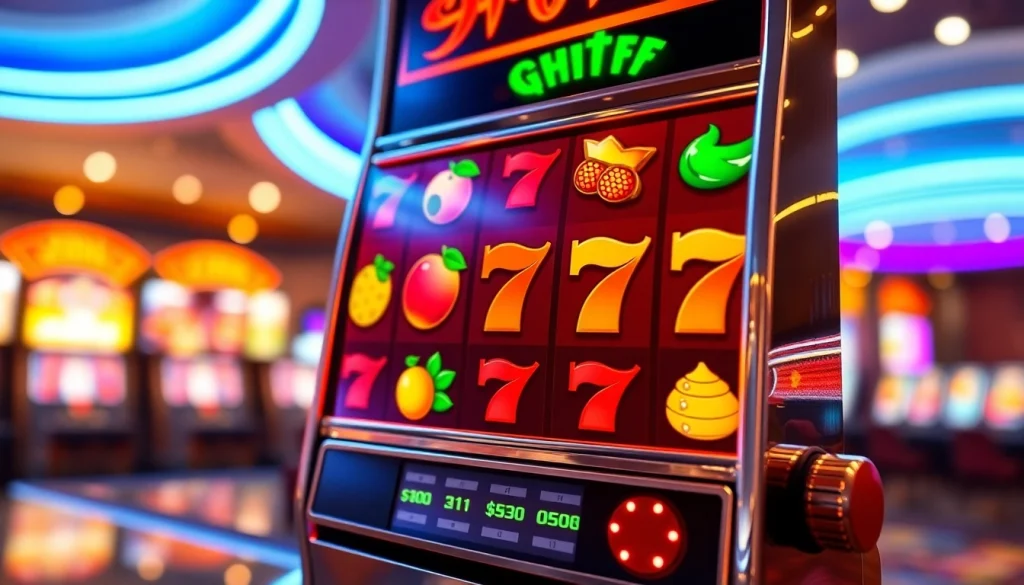 Mainkan QRIS108 Slot dengan simbol berwarna-warni dan suasana kasino yang dinamis.