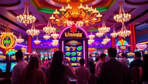 Mainkan Unogg slot game dengan mesin slot yang berkilau dan pemain energik di kasino.