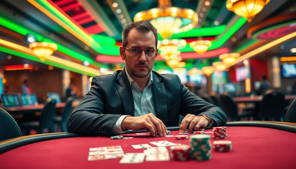 MM88 professional gambler engaged in a high-stakes poker game filled with vibrant casino energy.