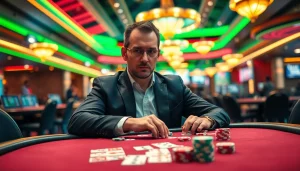 MM88 professional gambler engaged in a high-stakes poker game filled with vibrant casino energy.