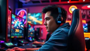 Menampilkan gamer fokus pada daftar lapak303 game dengan alat gaming modern dan pencahayaan cerah.