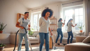 Cleaning Service team members actively working in a bright home setting, showcasing cleanliness and professionalism.