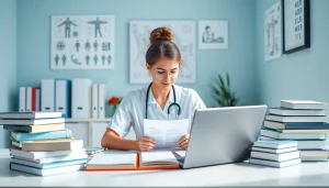 Nursing essay writing services showcasing a nurse drafting an essay in a serene study setting.
