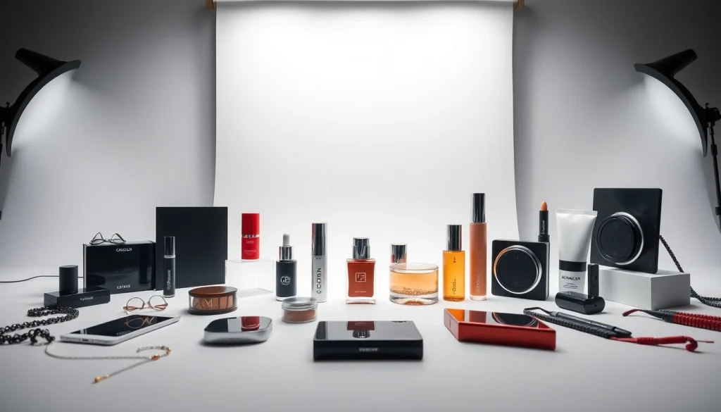 Professional product photography showcasing cosmetics and accessories