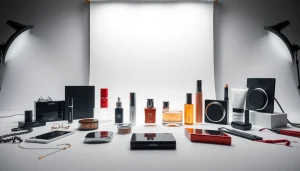 Professional product photography showcasing cosmetics and accessories