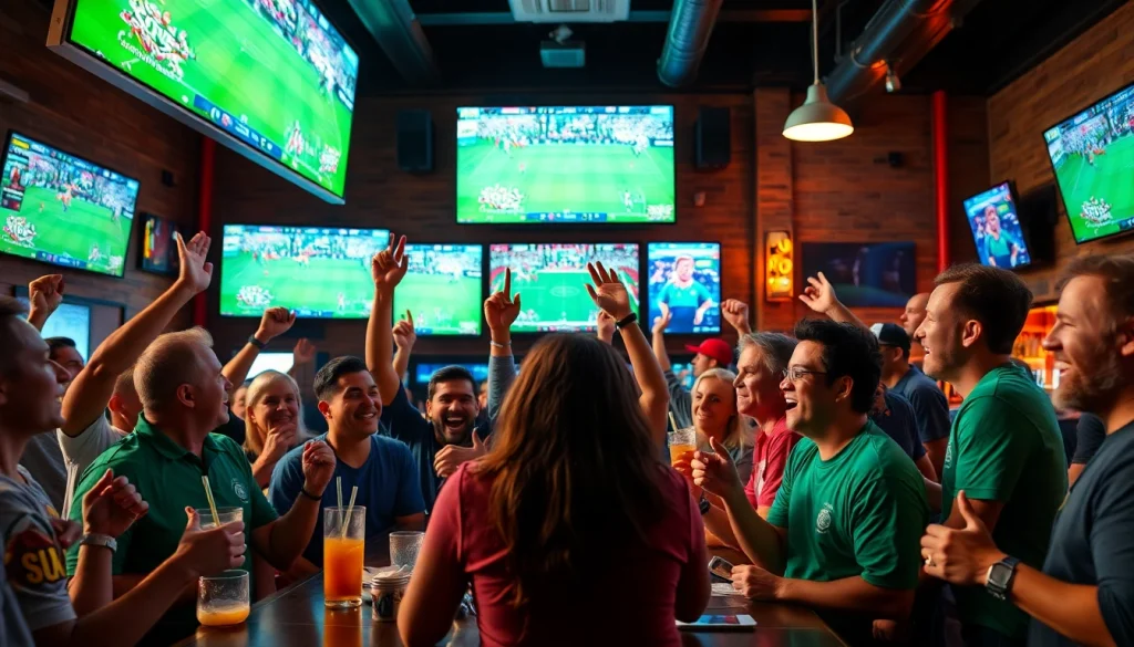스포츠중계의 열기를 느끼는 팬들이 모여있는 생동감 넘치는 장면