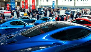 View of an exciting auto cars show showcasing the latest models amid an engaged audience.