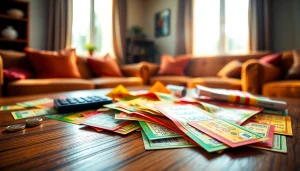 Menampilkan toto togel yang menarik dalam bentuk tiket lotre berwarna-warni di atas meja kayu.