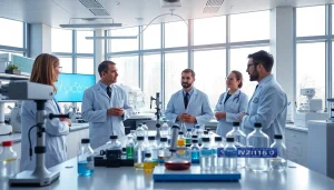 Research scientists studying WIN55 cannabinoid compounds in a modern lab setting.