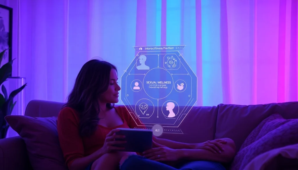 Explore the future of intimacy with sex AI technology in a cozy, modern digital lounge.
