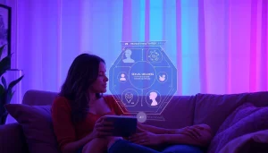 Explore the future of intimacy with sex AI technology in a cozy, modern digital lounge.