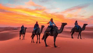 Marrakech camel ride and quad biking in the Agafay Desert at sunset, capturing the adventure and beauty of the experience.
