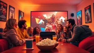 Enjoy filme online gratis as friends gather for a cozy movie night with snacks and excitement.