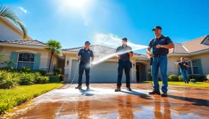 Pressure wash technicians cleaning a driveway in Kissimmee, showcasing effective service.