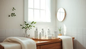 Hudvårdsprodukter för känslig hud, som visar effektiv hudvård för känslig hud i en lugn miljö.