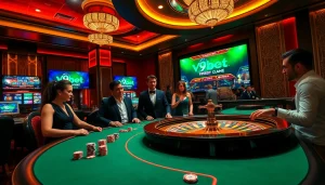Exciting V9bet online gambling scene with poker chips and roulette wheel, showcasing luxury.