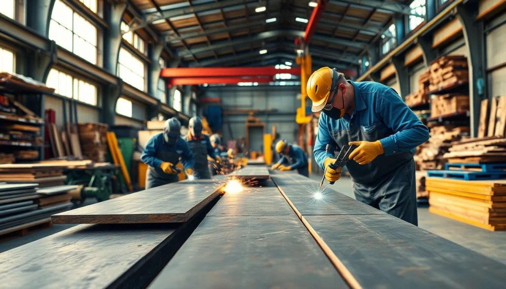 Find expert steel fabricators near me working in a vibrant industrial workshop.