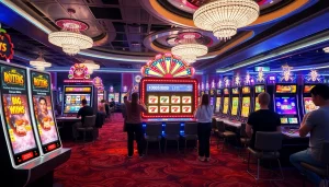 Experience the excitement of slot bet kecil as players engage with vibrant slot machines in a luxury casino.