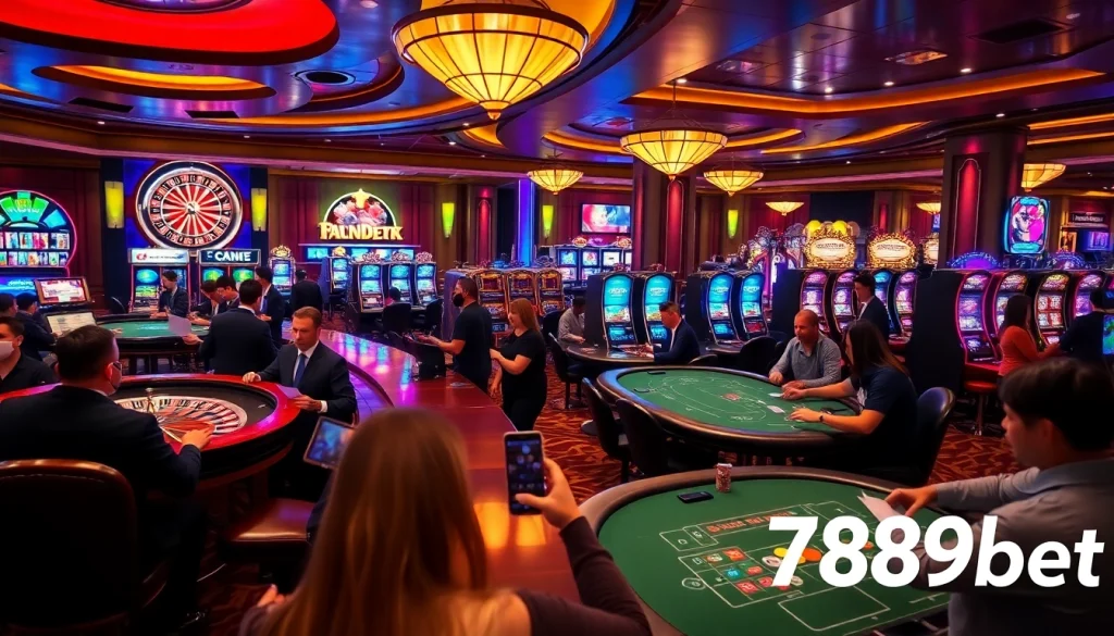Engaging scene of players enjoying link 789bet at luxury casino tables with vibrant roulette.