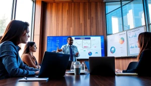 Engaged crisis management consultant guiding a corporate team in a modern office setting