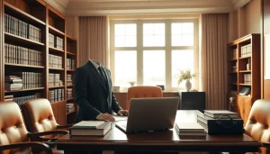 Engaging intellectual property lawyer discussing legal matters in a modern office.