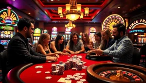 Exciting poker scene with colorful chips and cards at new 66 casino, highlighting gambling thrills.