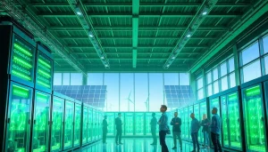 Inside a modern crypto mining site with renewable energy, showcasing advanced technology and teamwork