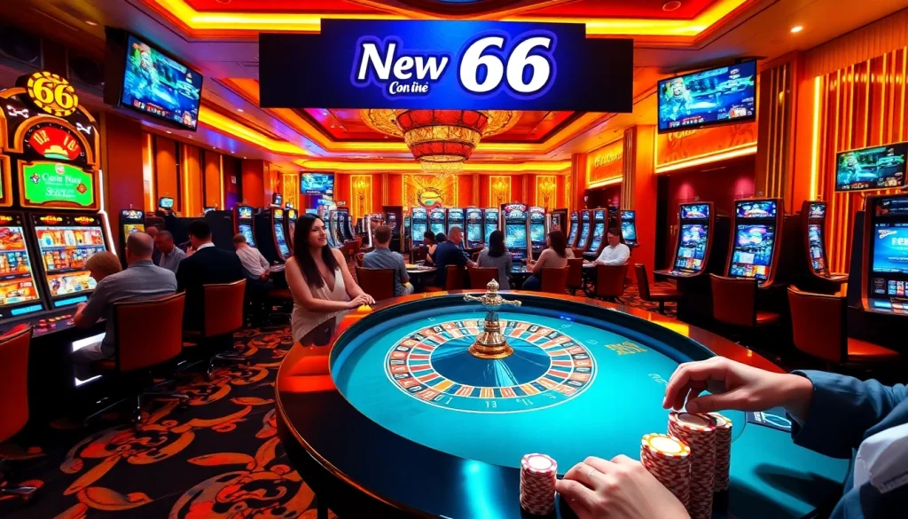 Players betting at a vibrant New 66 casino roulette table filled with excitement.