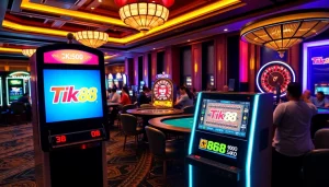 Người chơi cá cược phấn khích tham gia vào không khí casino Tik 88, thể hiện các trò chơi sống động và máy đánh bạc.