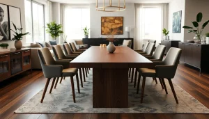 Showcase of custom furniture with handcrafted wooden dining table and elegant decor.