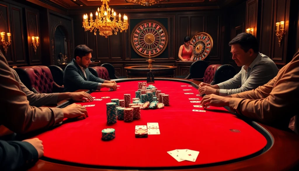 Thabet casino scene with players at a poker table showcasing vibrant chips and cards.
