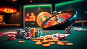 Trải nghiệm cảm giác hồi hộp khi cược Bet VIP trong một cảnh casino sang trọng, với các chip poker và bánh xe roulette.