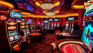Experience the thrill of obraltoto with luxurious casino gaming. Slot machines, roulette, and players create a vibrant scene.