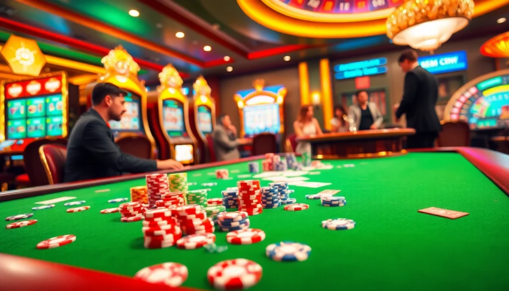 Exciting gameplay at Trang chủ S88VIP with vibrant cards, roulette wheel, and poker chips in a luxurious casino setting.