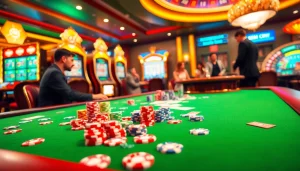 Exciting gameplay at Trang chủ S88VIP with vibrant cards, roulette wheel, and poker chips in a luxurious casino setting.