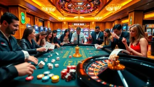 Exciting casino gaming atmosphere at https://rr88.wales/ with players enjoying roulette and poker.