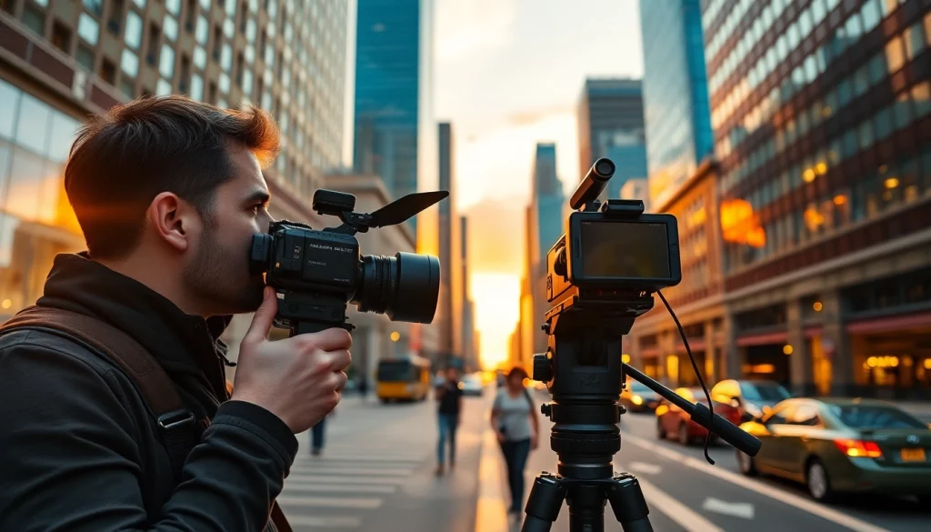 Videographer capturing dynamic urban scenes with professional equipment and sunset lighting.